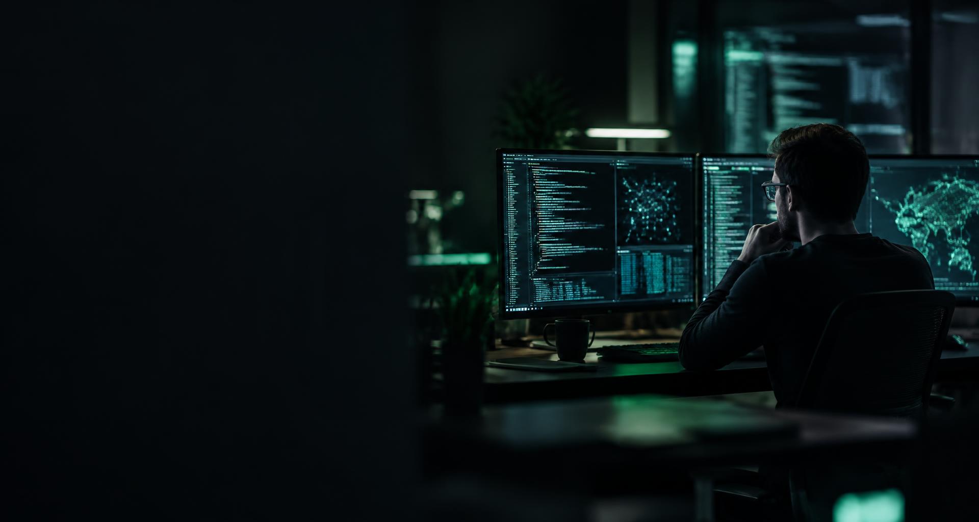 Engineer reviewing code and security dashboards on dark monitors
